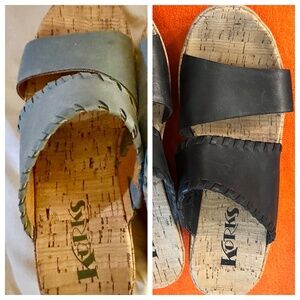 Two Pair! Korks Kendri Cork-Bottom Leather Wedge Sandals, Black and Blue Size 8